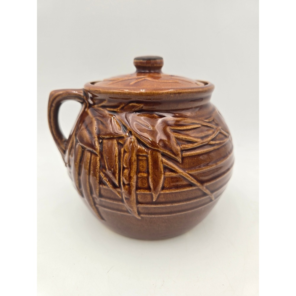 Vintage McCoy Pottery Pea Pod Bamboo Bean Pot Cookie Jar Brown Glaze With Lid